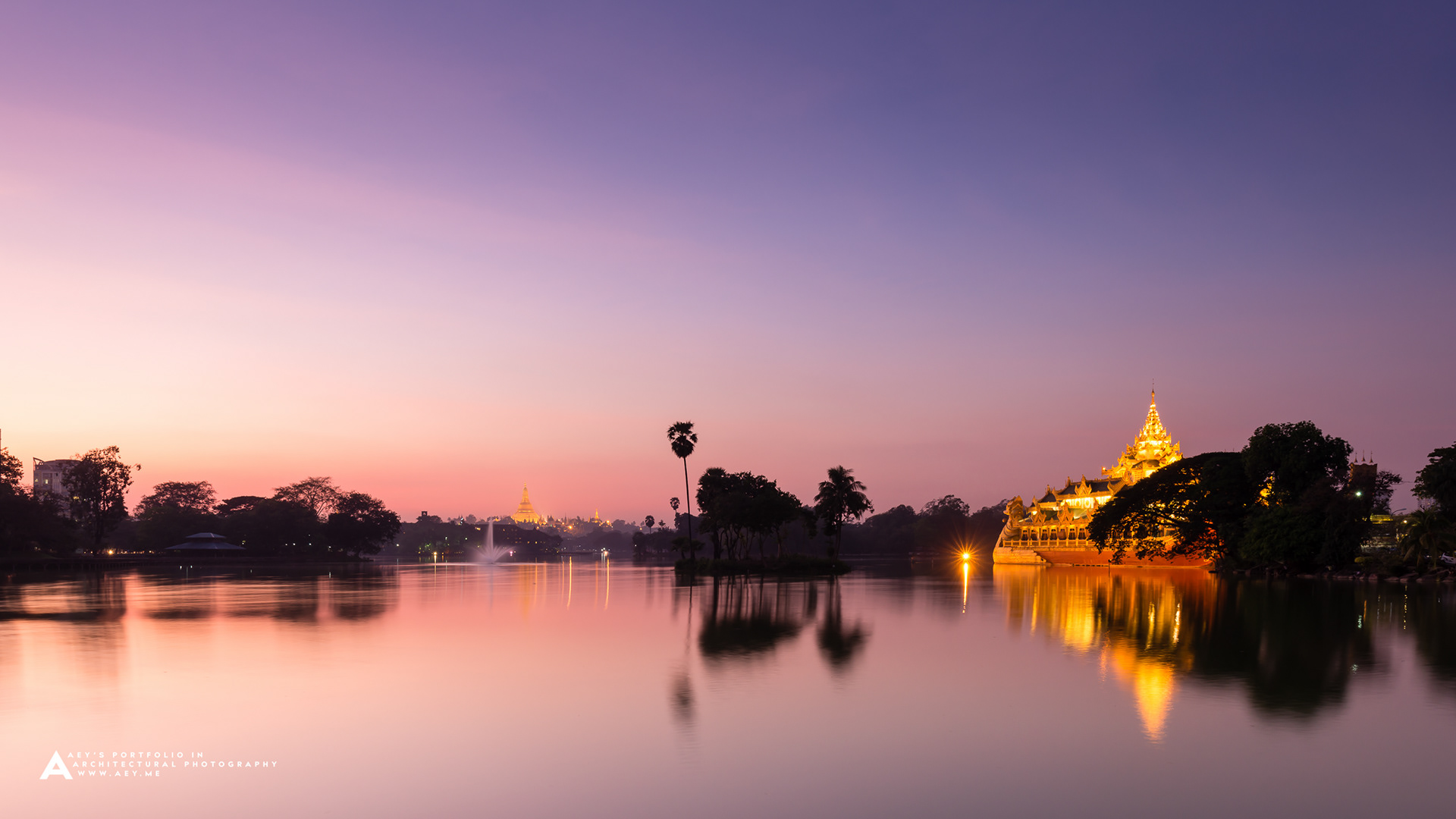 Kandawgyi Lake and The Karaweik with the Shwedagon pagoda in background, Yangon, Myanmar